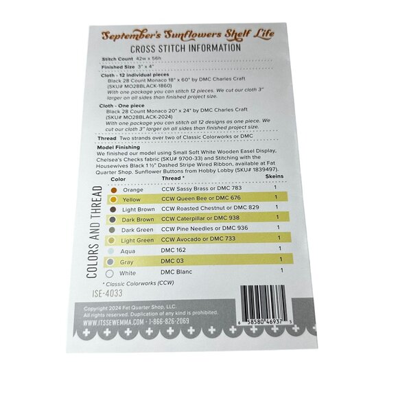 September Sunflower Shelf Life Cross Stitch Pattern Kit Its Sew Emma Monthly Jar - Picture 3 of 3